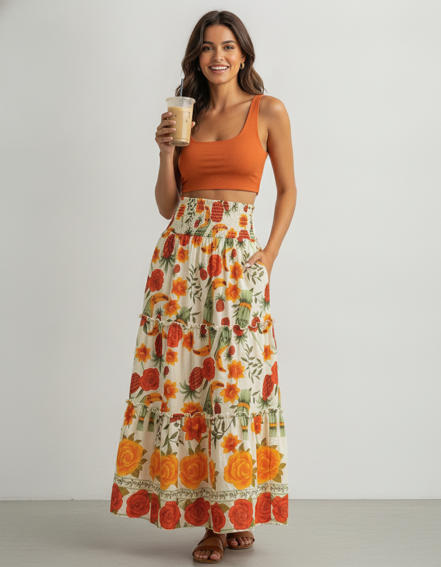 Multicolor Maxi Skirt Floral Print Viscose