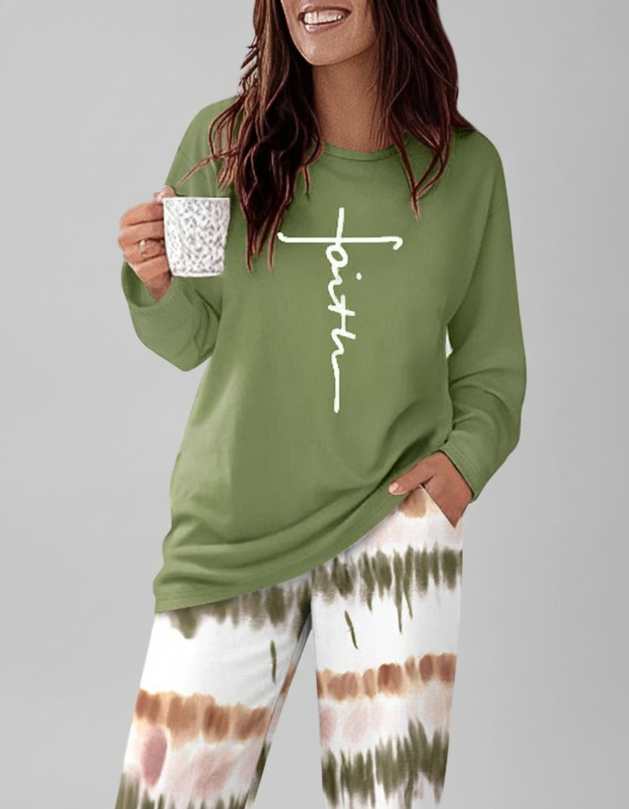 Multicolor Pajama Set Soft Long Sleeve Ombre Pants All Day Comfort Polyester Elastane Blend
