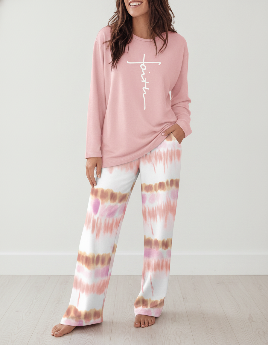 Multicolor Pajama Set Soft Long Sleeve Ombre Pants All Day Comfort Polyester Elastane Blend