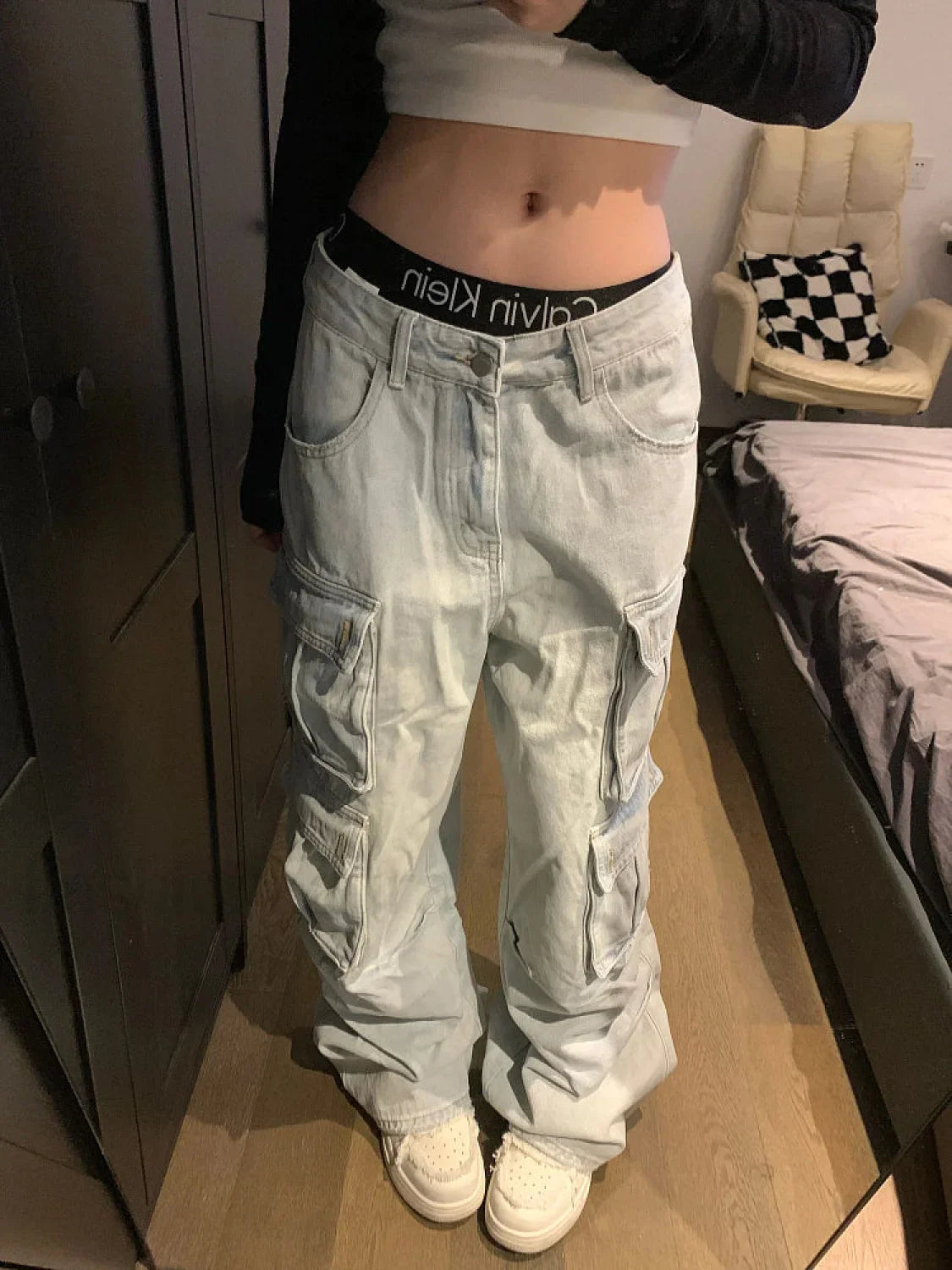 Multiple Pocket Washed Trendy Cargo Boyfriend Jeans