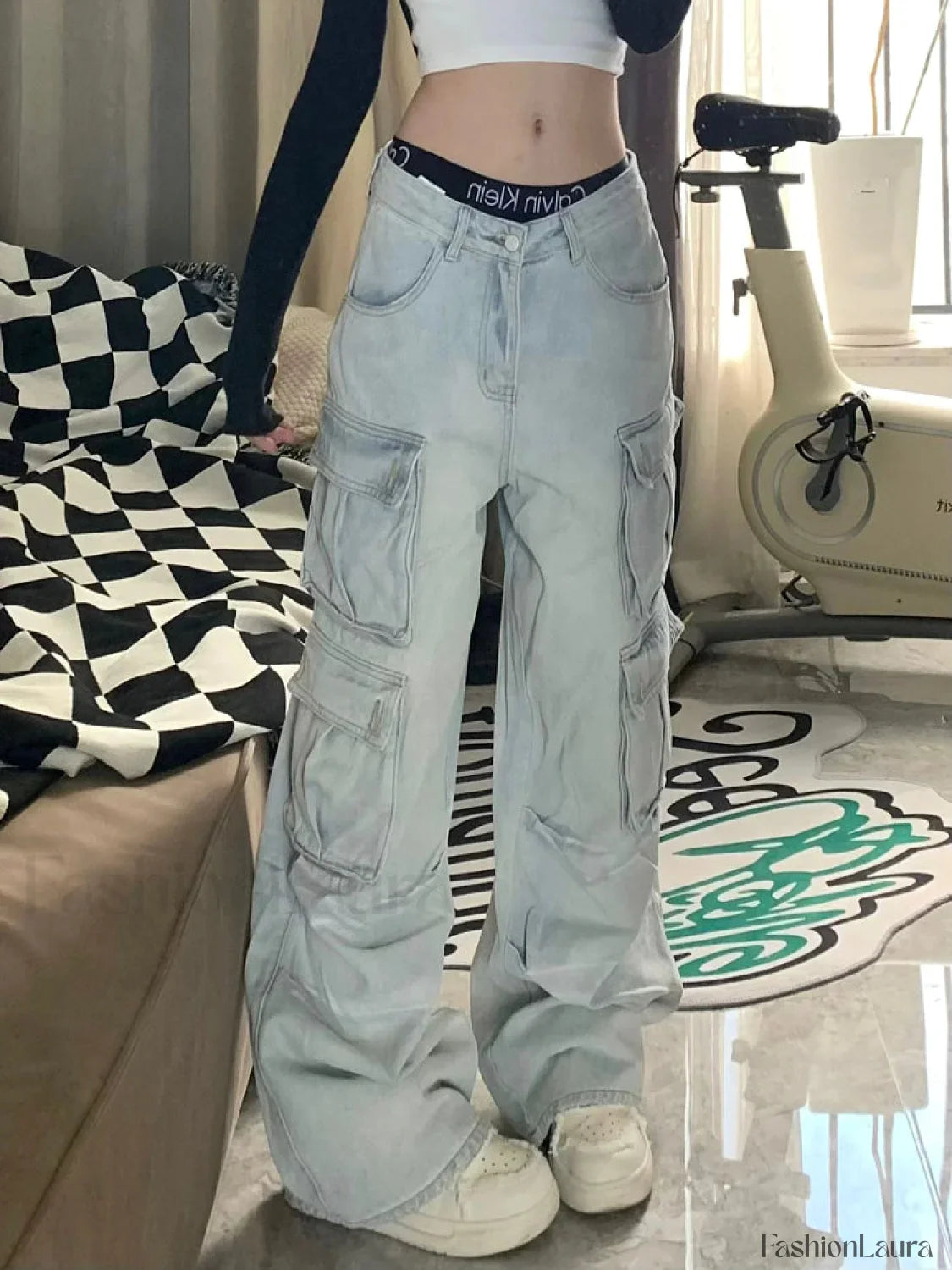 Multiple Pocket Washed Trendy Cargo Boyfriend Jeans