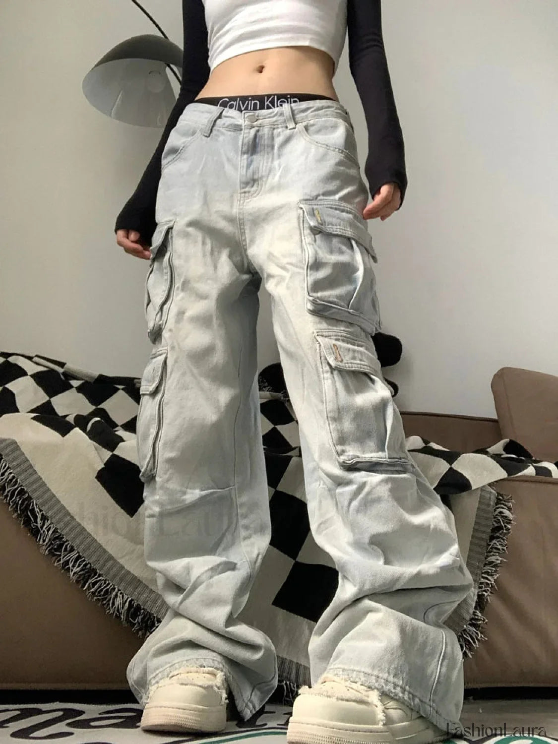 Multiple Pocket Washed Trendy Cargo Boyfriend Jeans