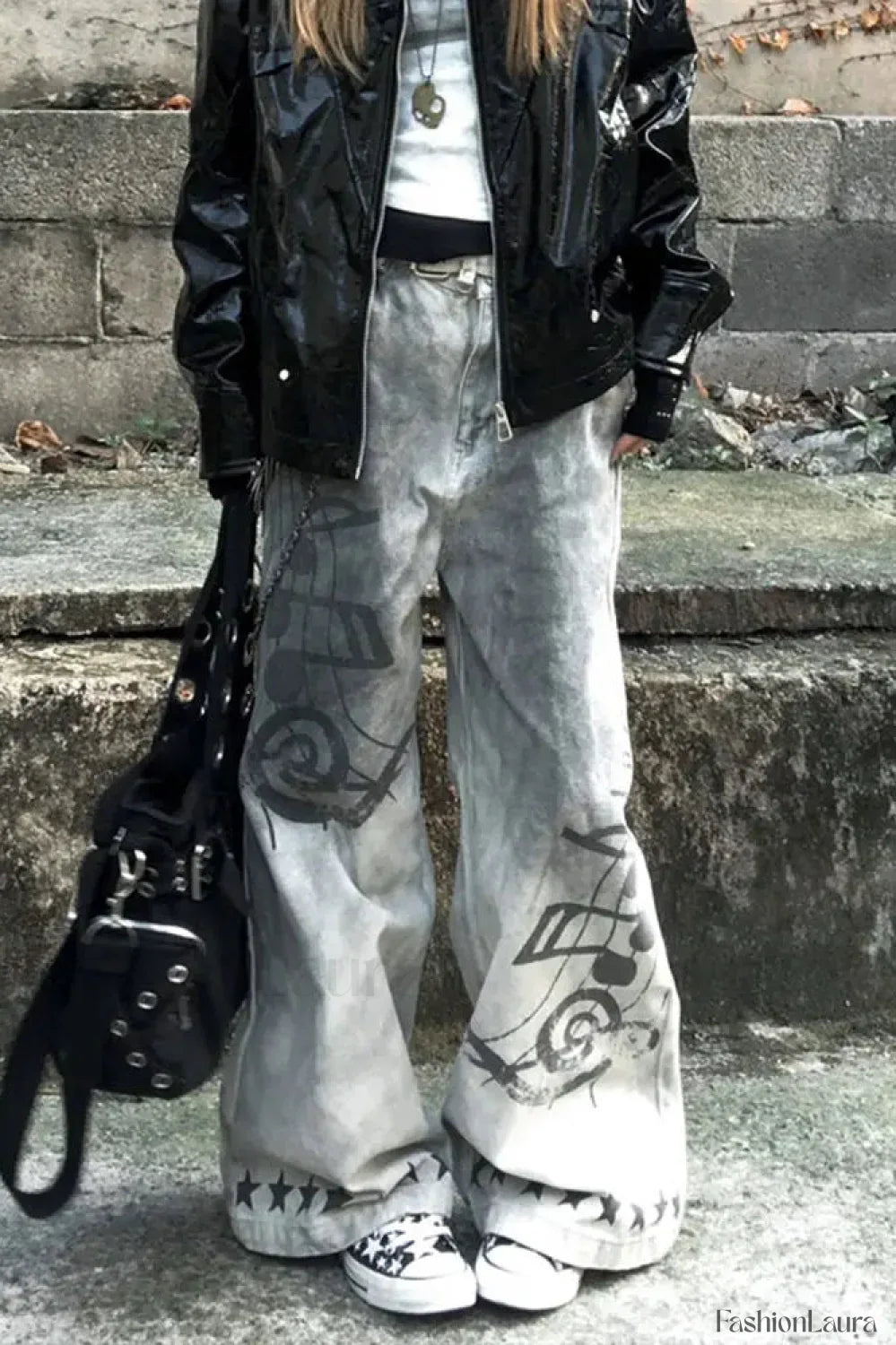 Music Note Print Vintage Jeans