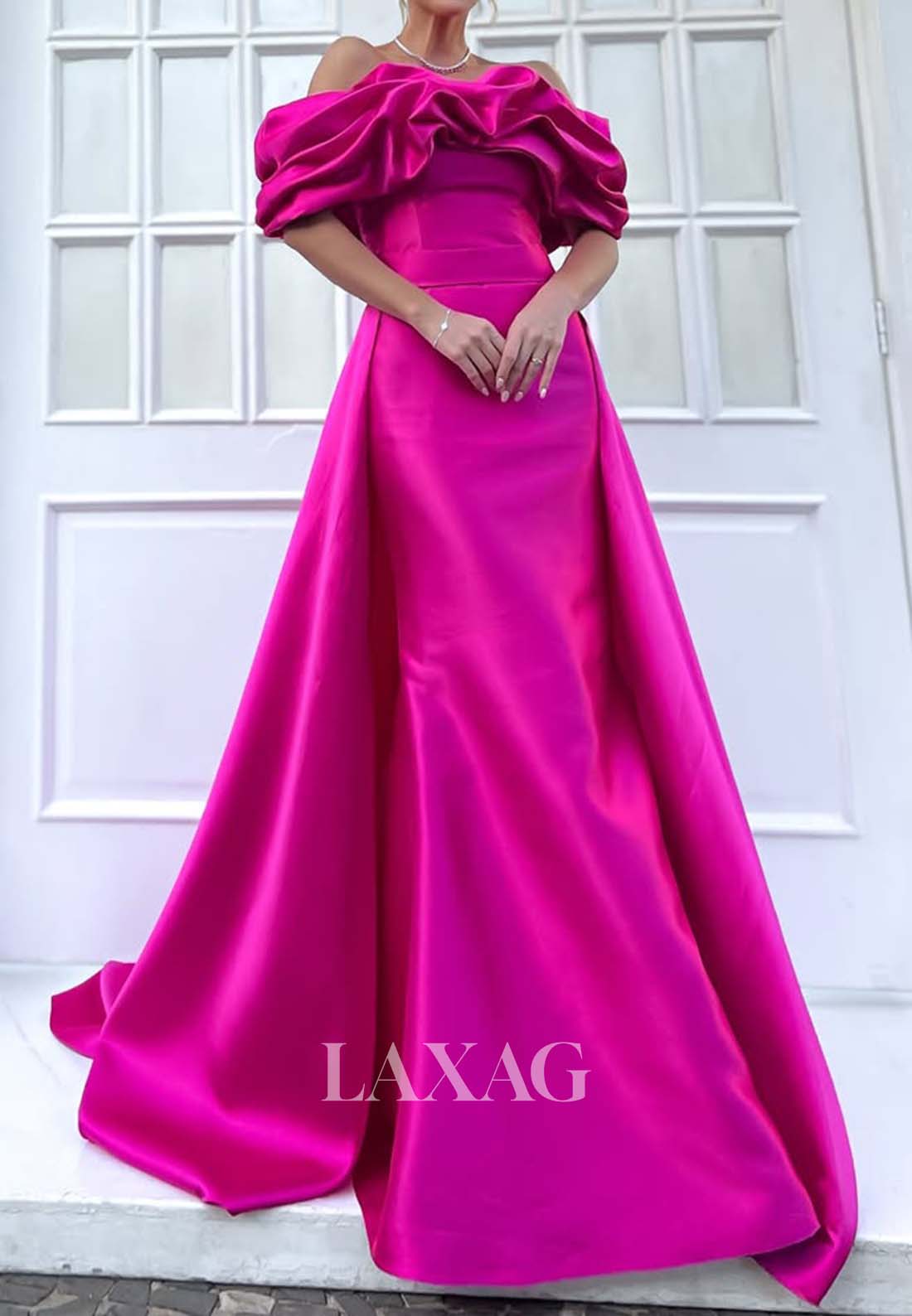 Ruffled Tube Top Sleeveless Mermaid Evening Gowns Pleated Satin Formal Gowns with Train