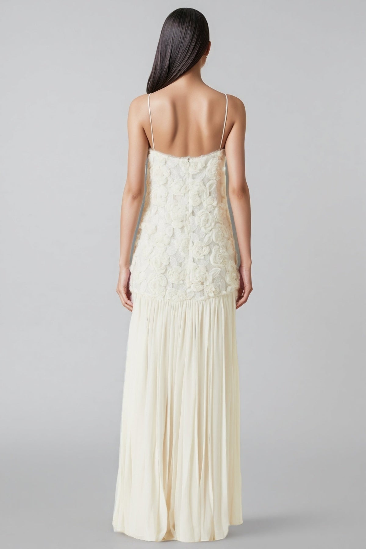 Spaghetti Strap Rosette Applique Bodice Drop Waist Pleated Maxi Dress 4