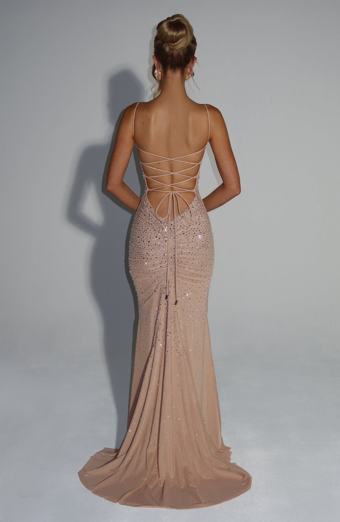 Rhinestone Embellished Spaghetti Strap Mermaid Maxi Gown 11
