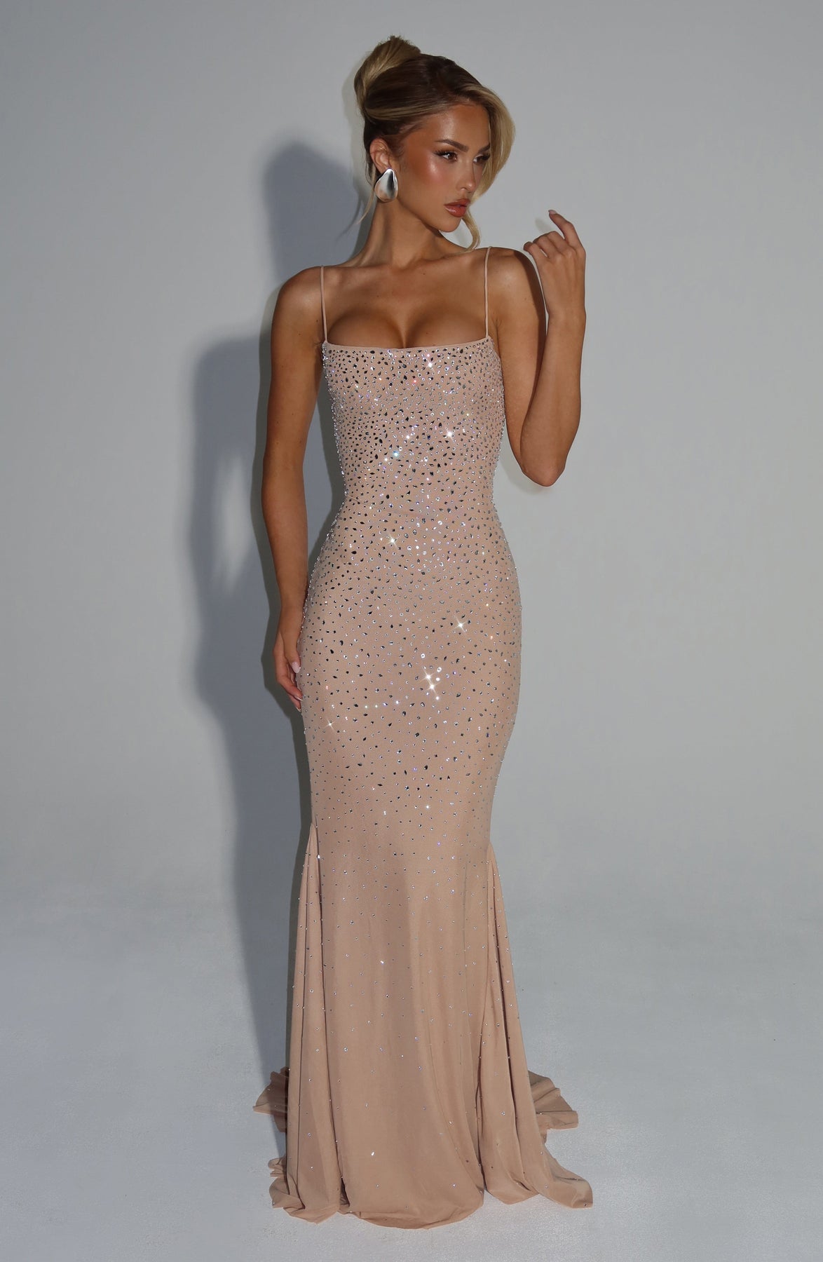 Rhinestone Embellished Spaghetti Strap Mermaid Maxi Gown 13