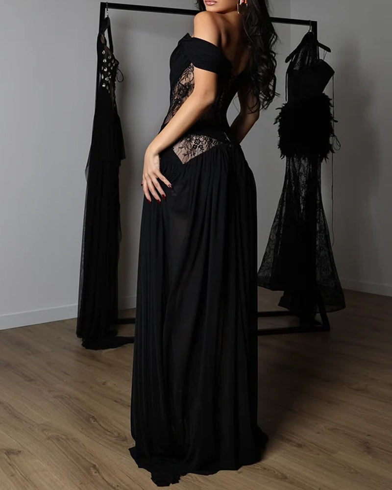 Off Shoulder Lace Corset High Split Maxi Dress 4
