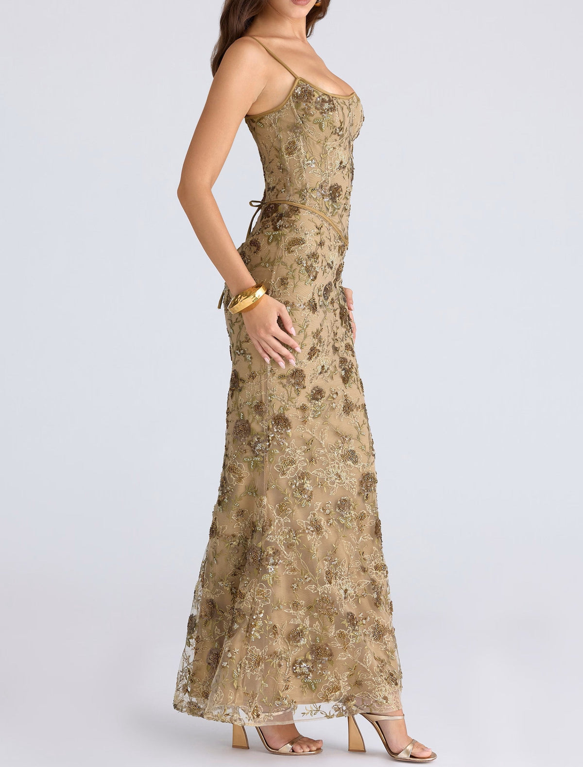 Floral Sequin Embroidered Mesh Corset Spaghetti Strap Mermaid Maxi Dress 4