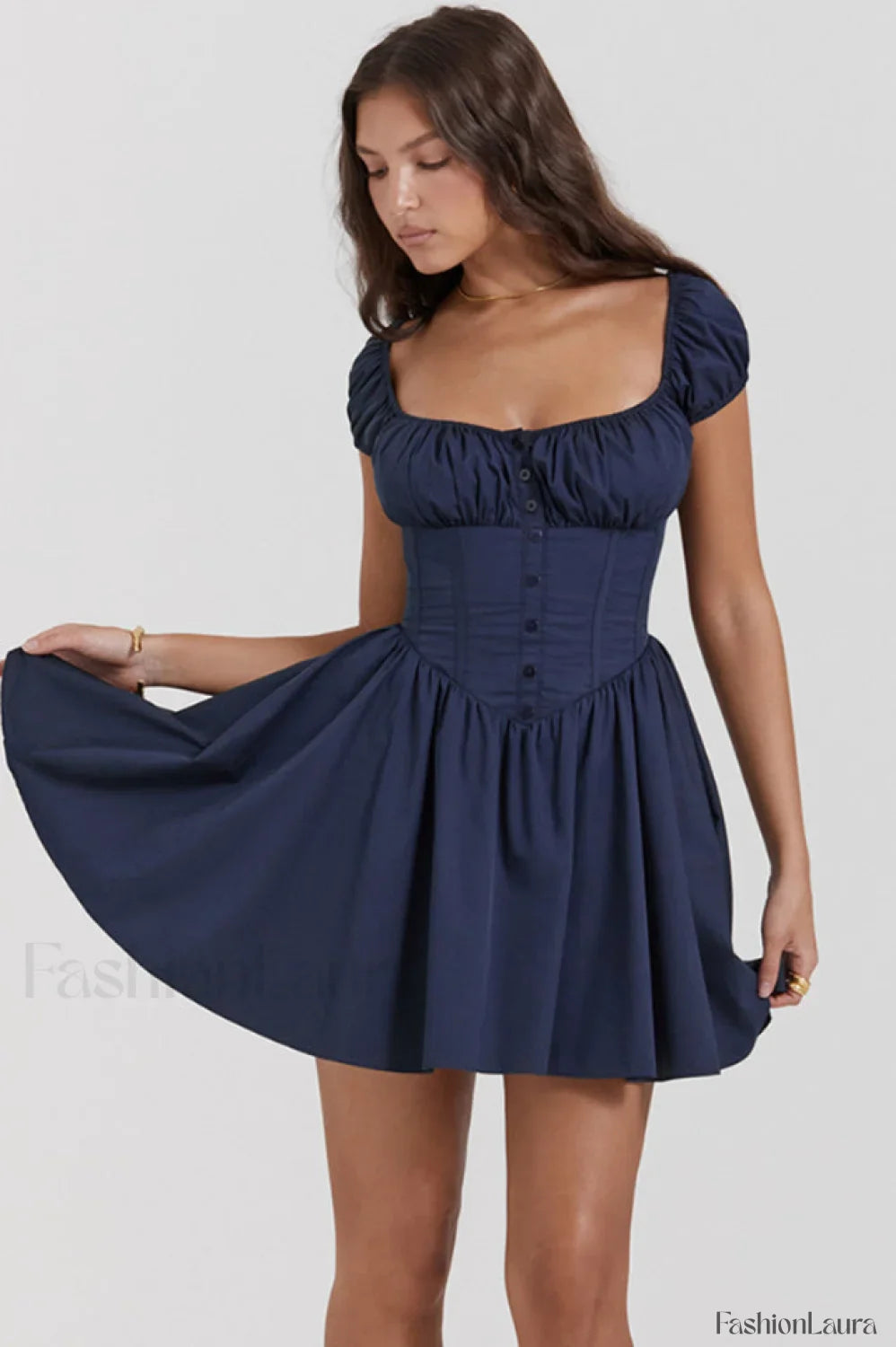 Nala French Navy Charming Gathered Mini Dress