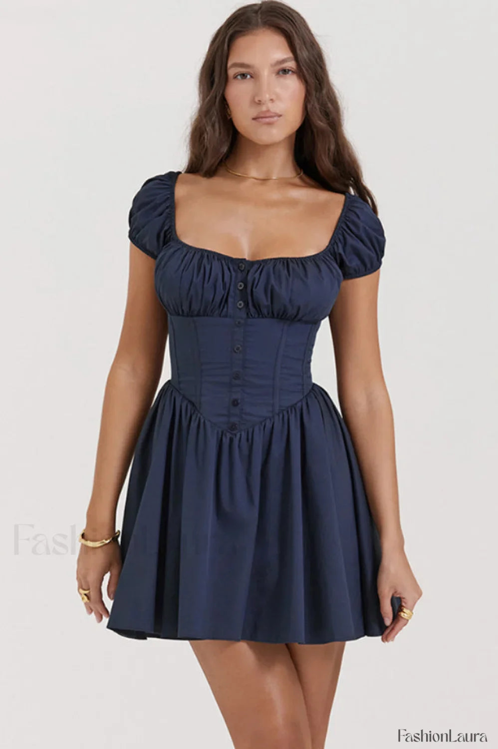 Nala French Navy Charming Gathered Mini Dress