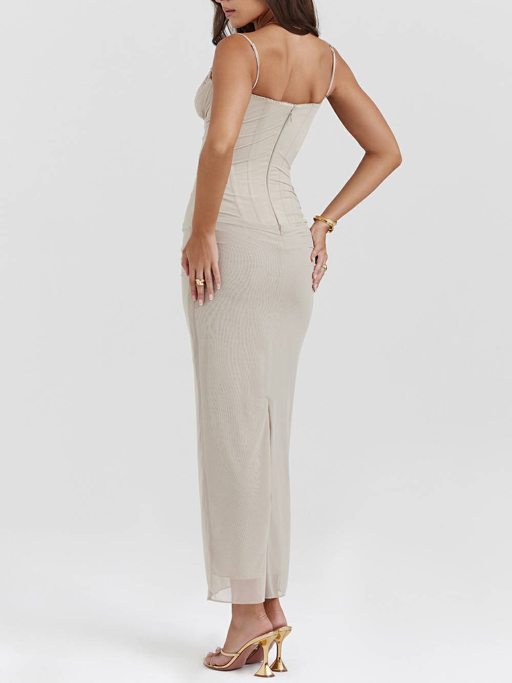 Lace Trim Spaghetti Strap Corset Bodice Mesh Bodycon Maxi Dress 6