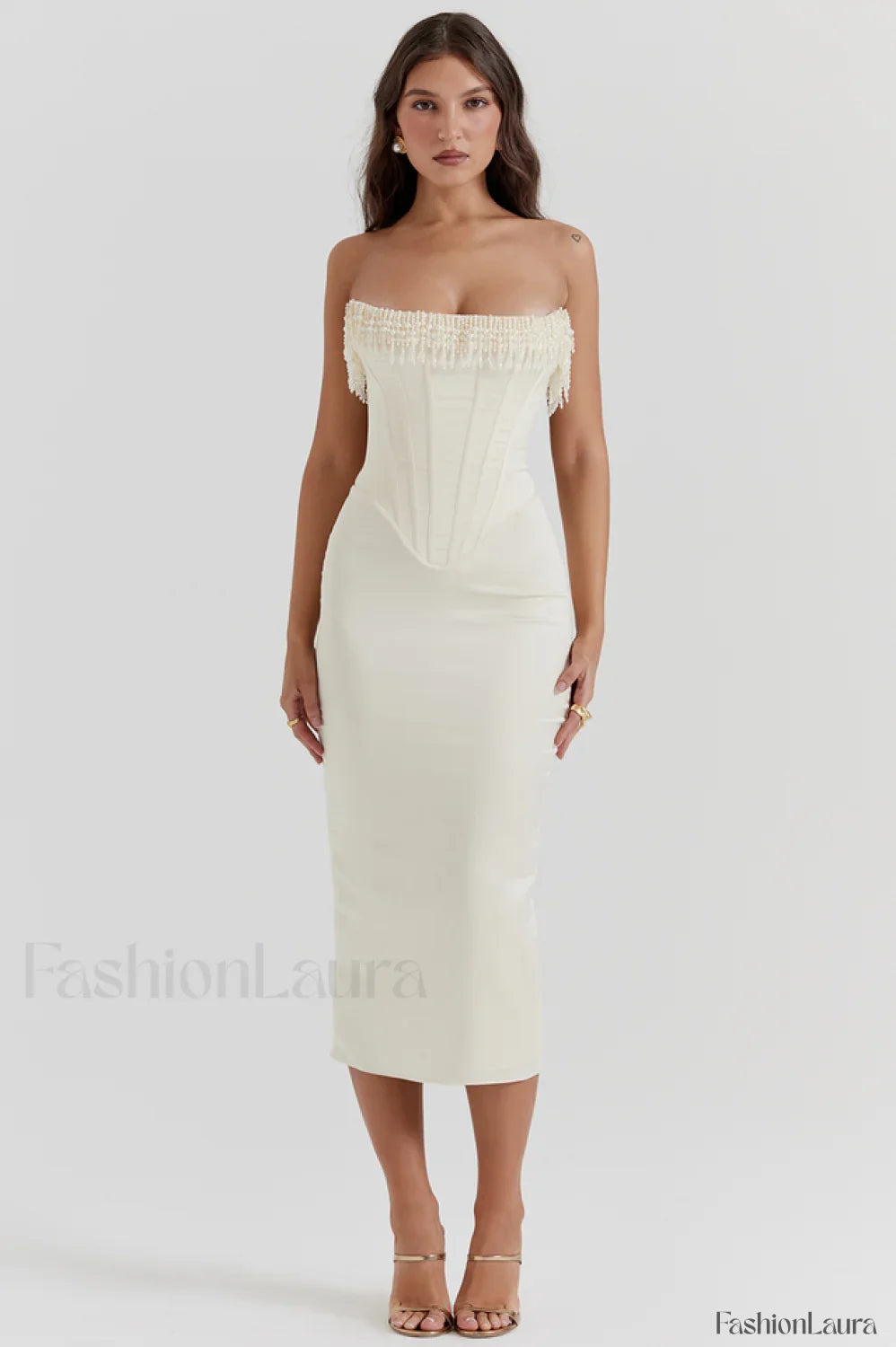Nalita Vintage Cream Charming Beaded Strapless Dress