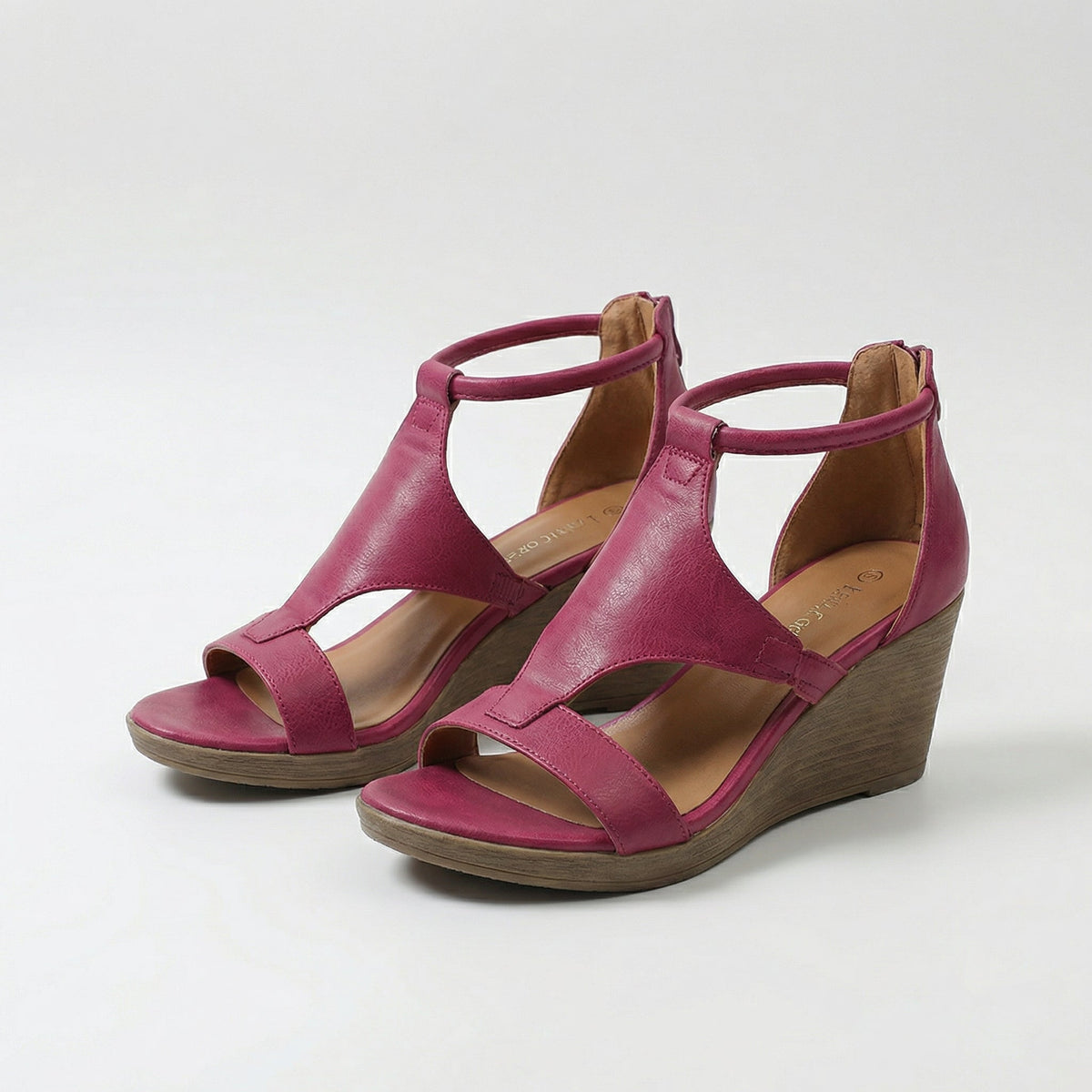Open Toe T-Strap Zip Back Wedge Sandals