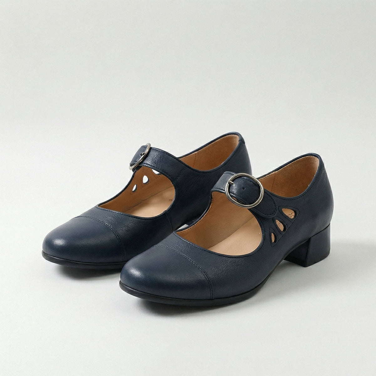 Round Toe Buckle Strap Cut Out Block Heel Mary Jane Pumps
