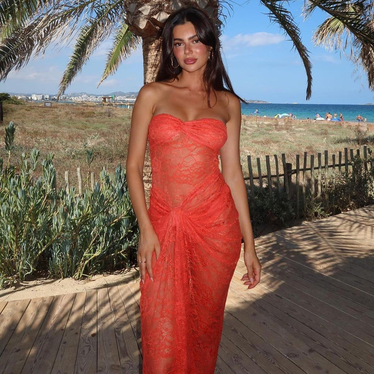 Sheer Lace Strapless Sweetheart Neck Knot Front Maxi Dress 9