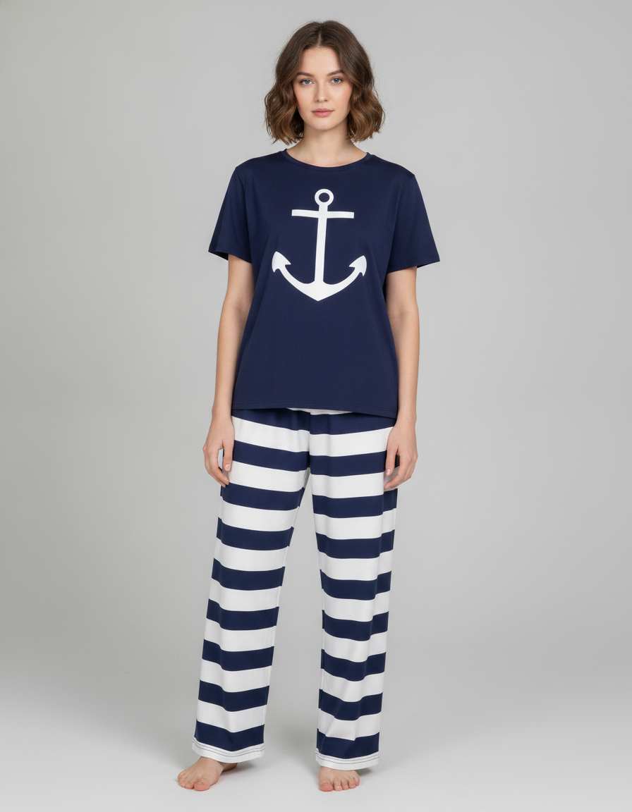 Nautical Dreams Women's Pajama Set | Soft Fabric & Anchor Design