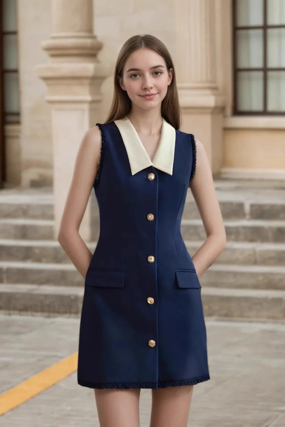 Navy Sleeveless Work Dress with White Collar and Gold Buttons