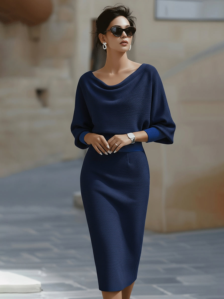 Knit Cowl Neck Batwing Long Sleeve Bodycon Midi Dress 8