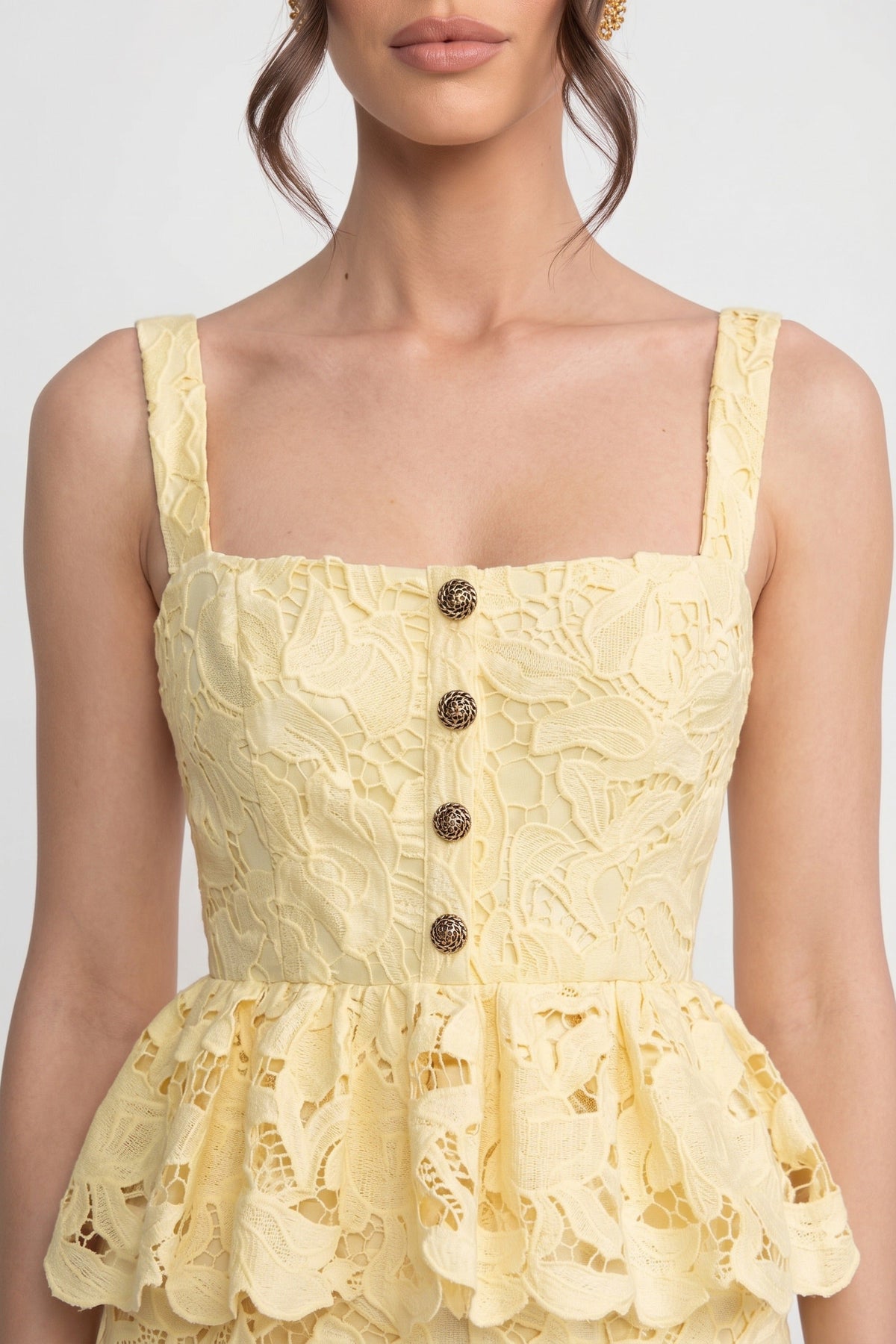Square Neck Button Front Scallop Lace Peplum Midi Dress 8