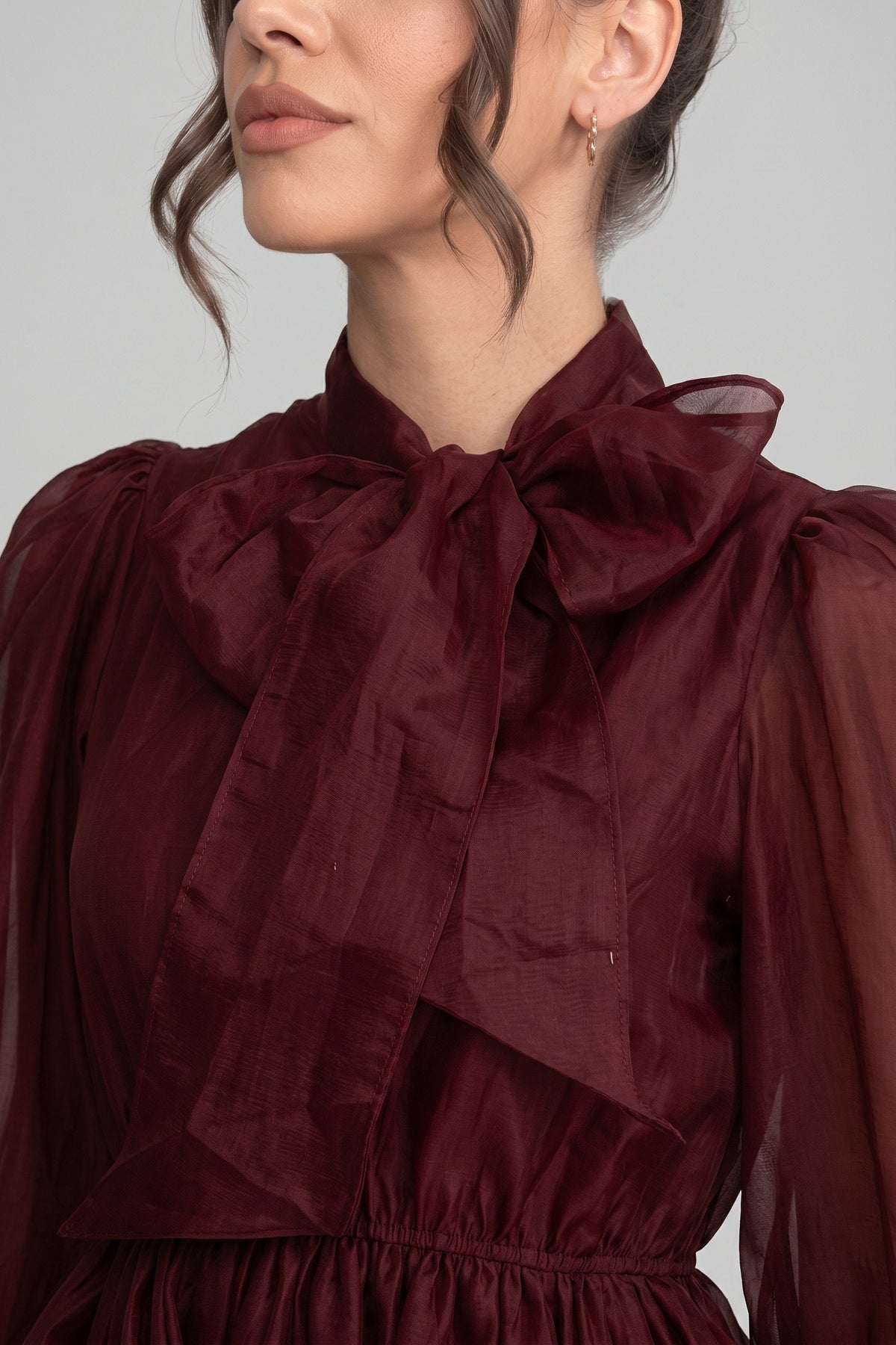 Bow Tie Neck Sheer Puff Sleeve Organza Tiered Ruffle Mini Dress 6