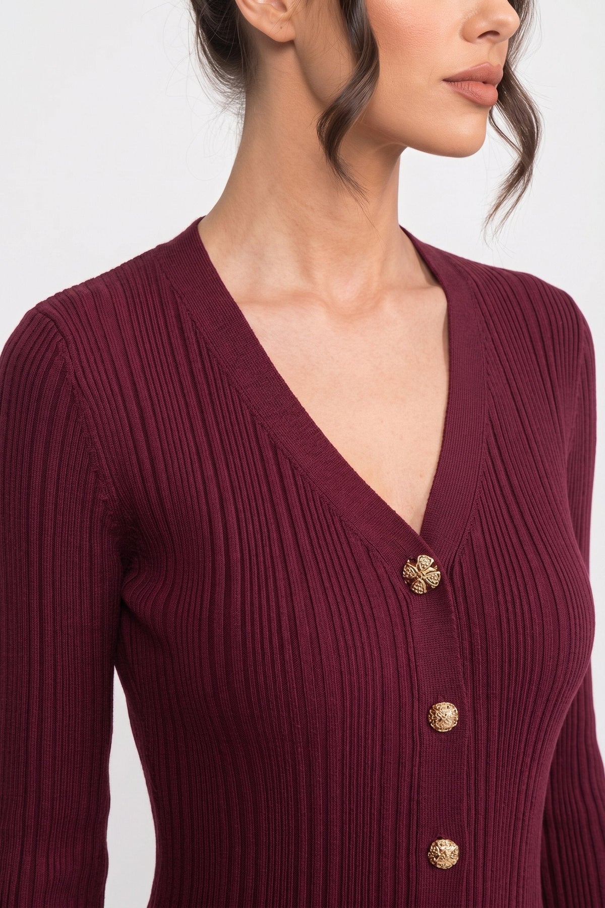 V-Neck Long Sleeve Ruffle Cuff Button Front Ribbed Knit Midi Dress 3
