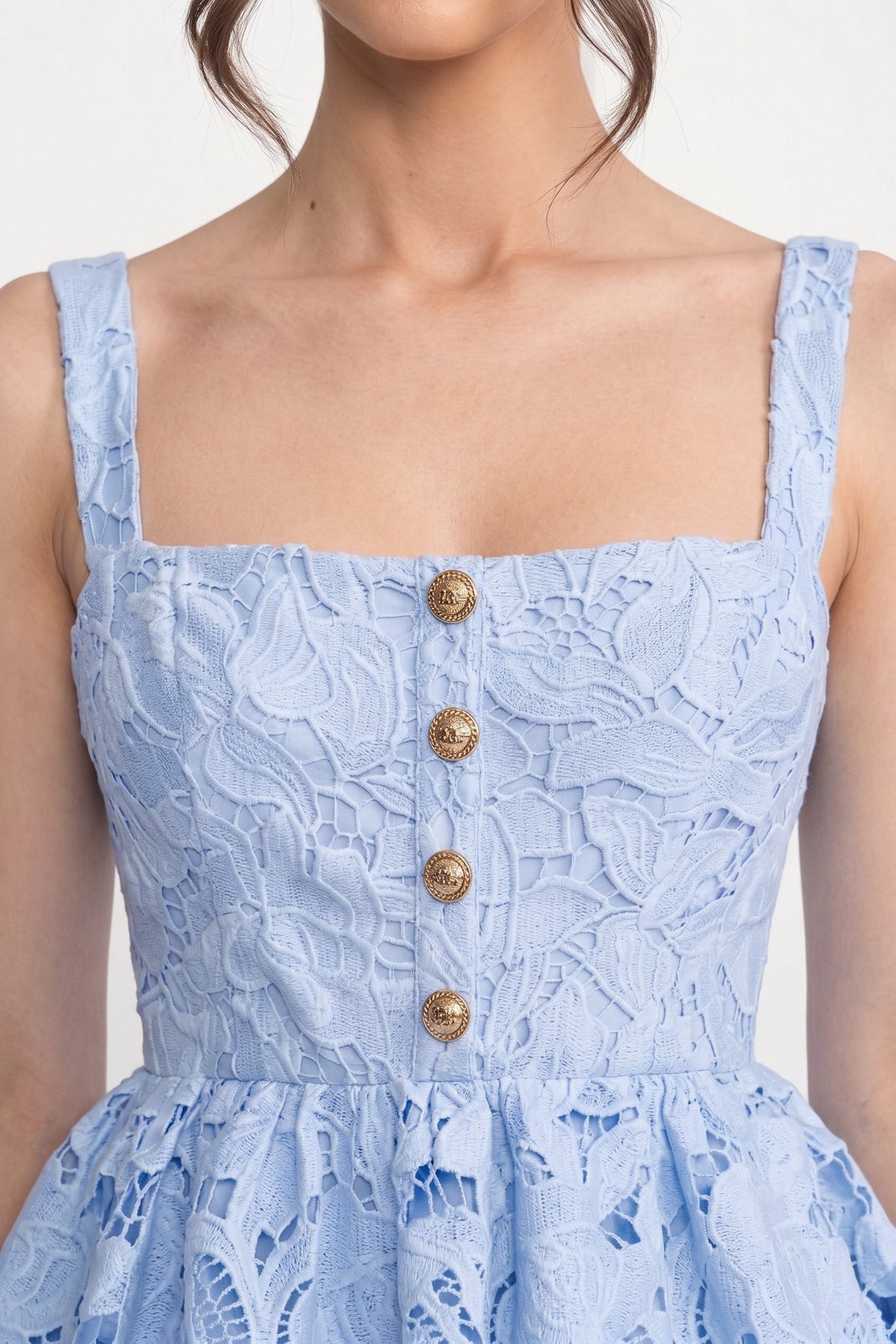 Square Neck Button Front Scallop Lace Peplum Midi Dress 7