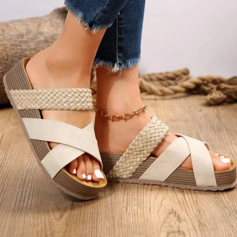 Open Toe Woven Cross Strap Platform Slide Sandals