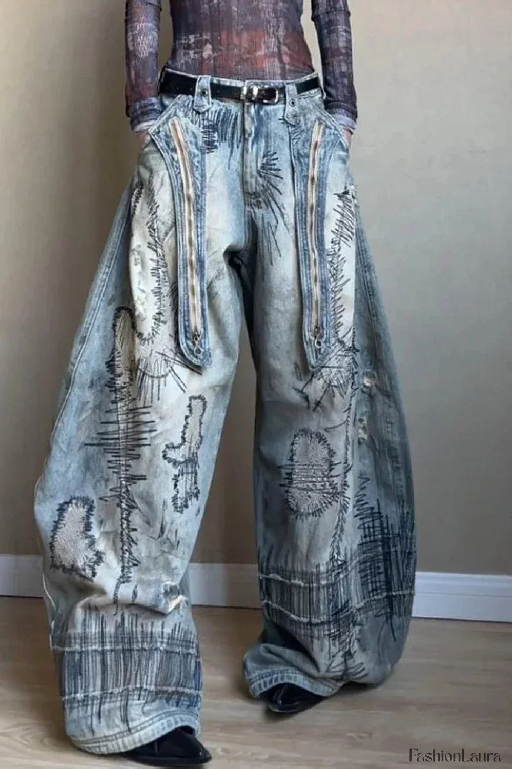 Needle Embroidered Wide Leg Jeans