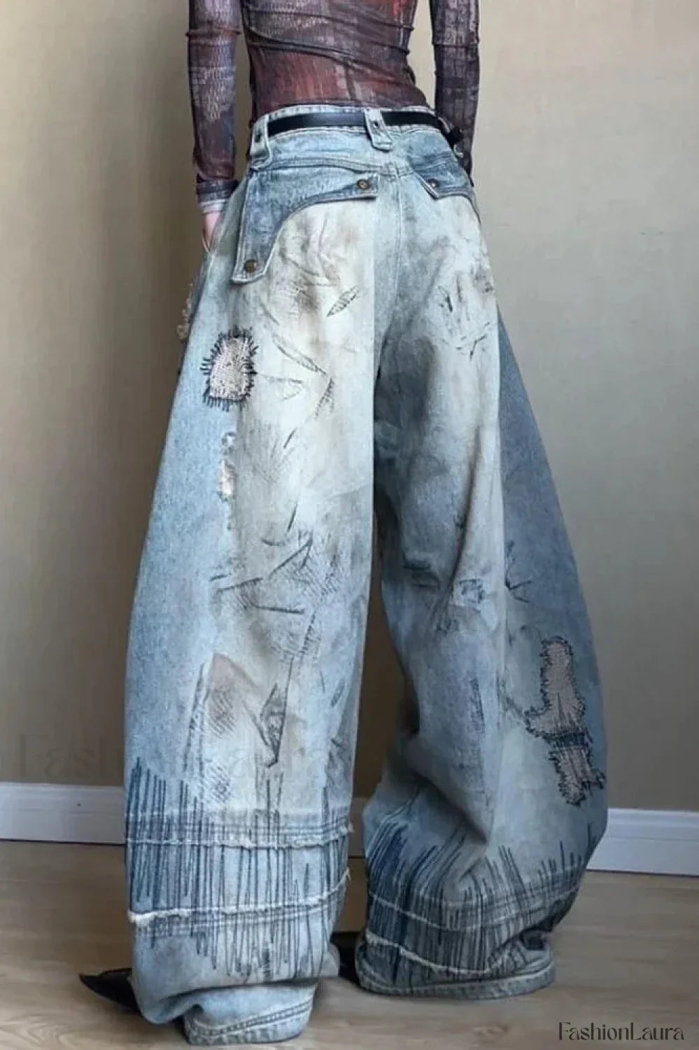 Needle Embroidered Wide Leg Jeans
