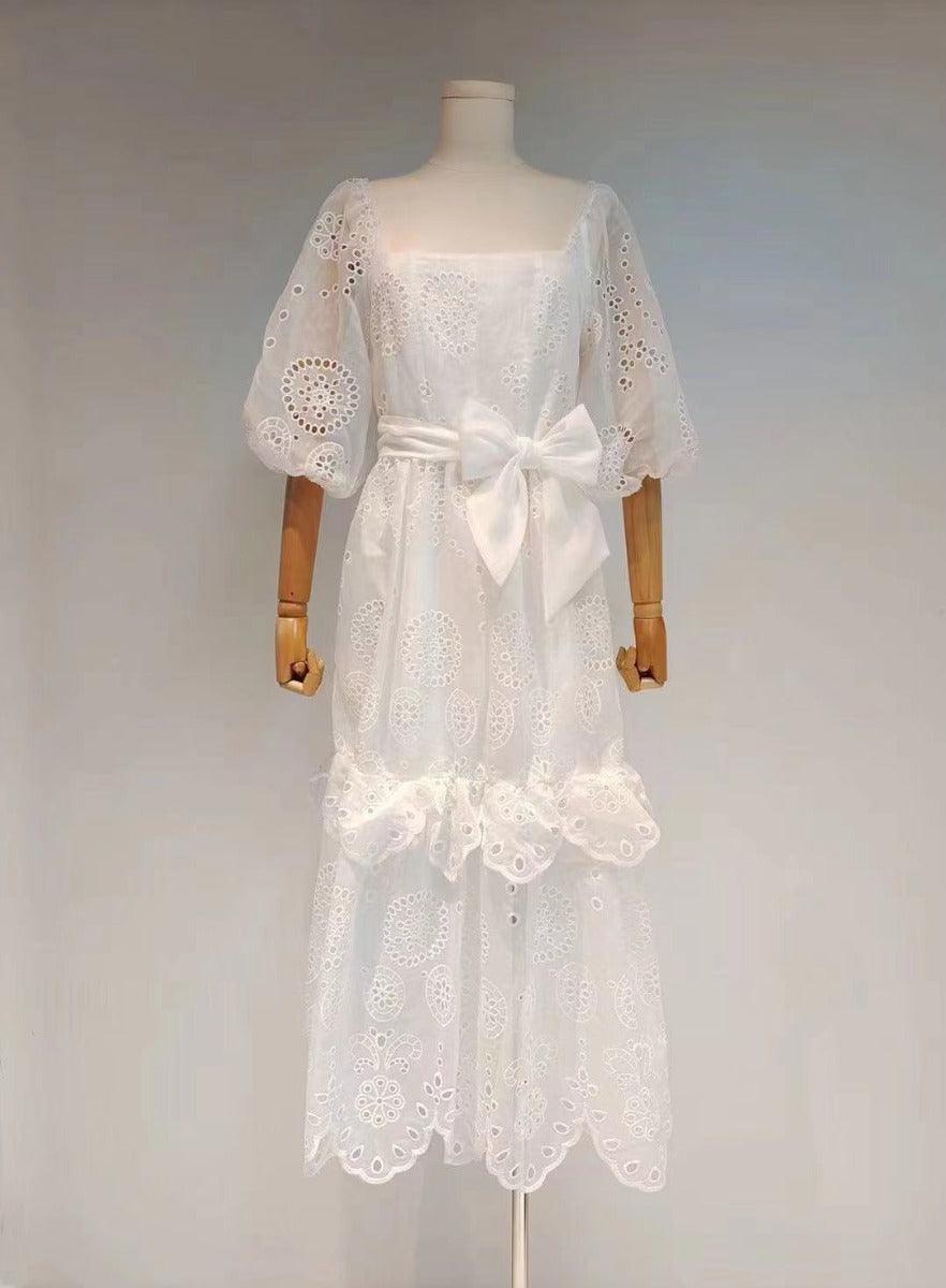 Neely Belted Puff Sleeves Lace Dress