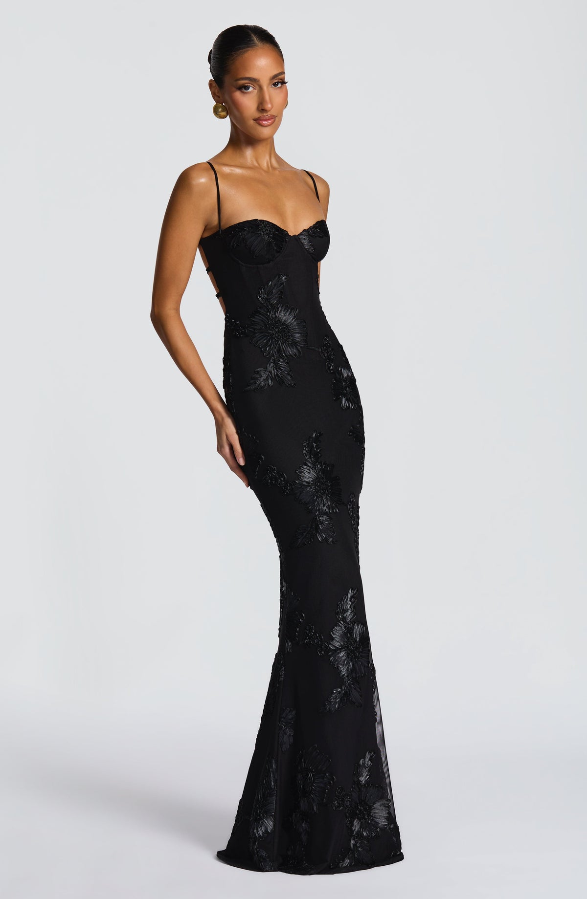 Sequin Floral Mesh Sweetheart Sheer Hood Scarf Mermaid Maxi Gown 5
