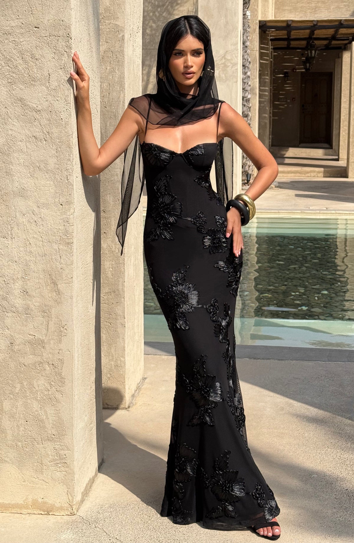 Sequin Floral Mesh Sweetheart Sheer Hood Scarf Mermaid Maxi Gown