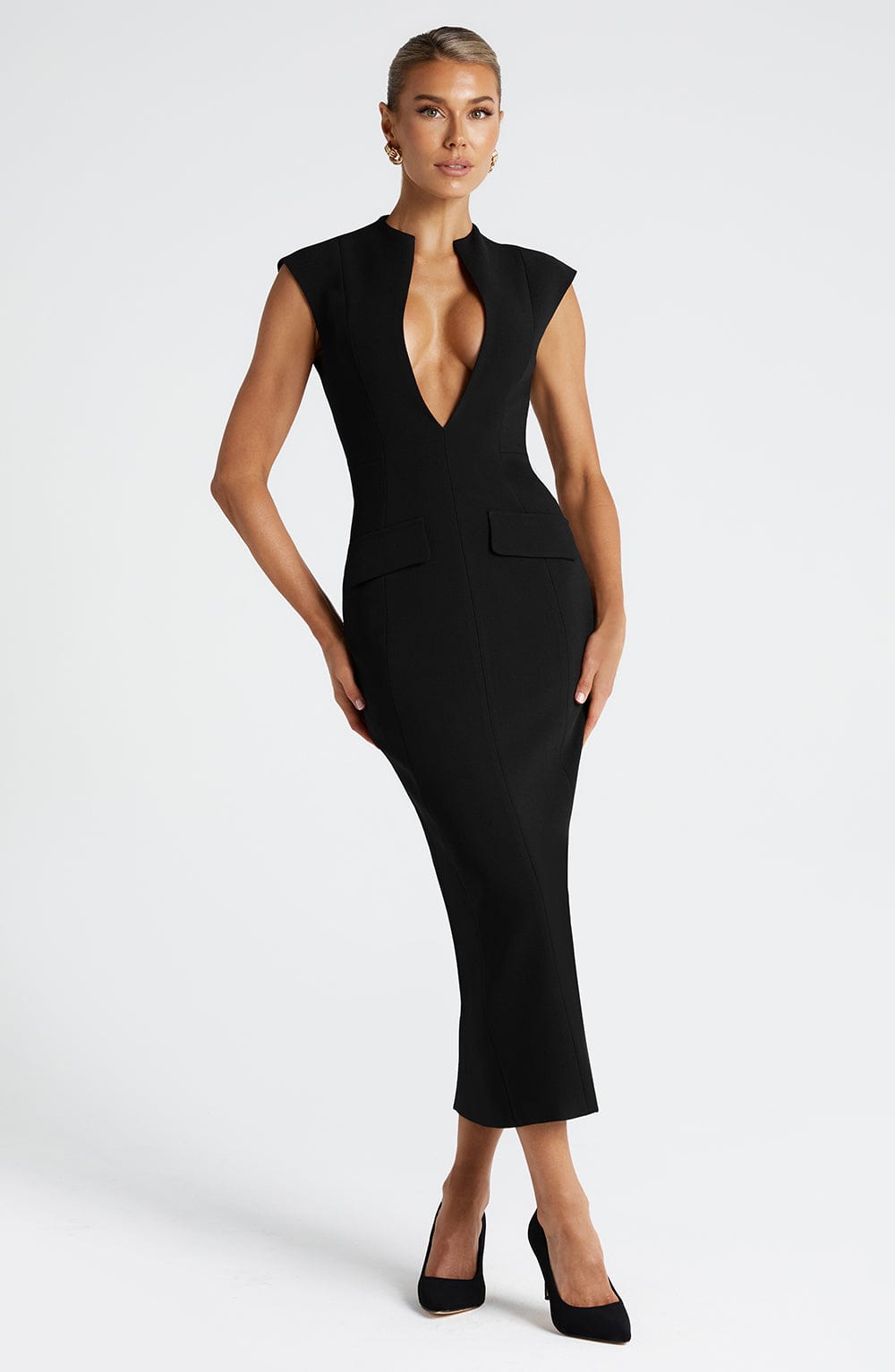 Plunge Neck Cap Sleeve Flap Pocket Bodycon Midi Dress