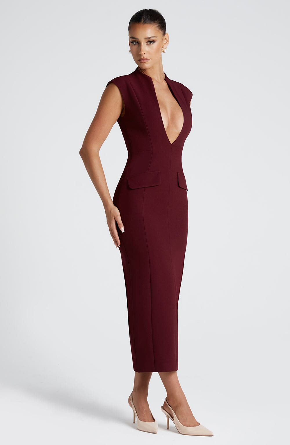 Plunge Neck Cap Sleeve Flap Pocket Bodycon Midi Dress 3