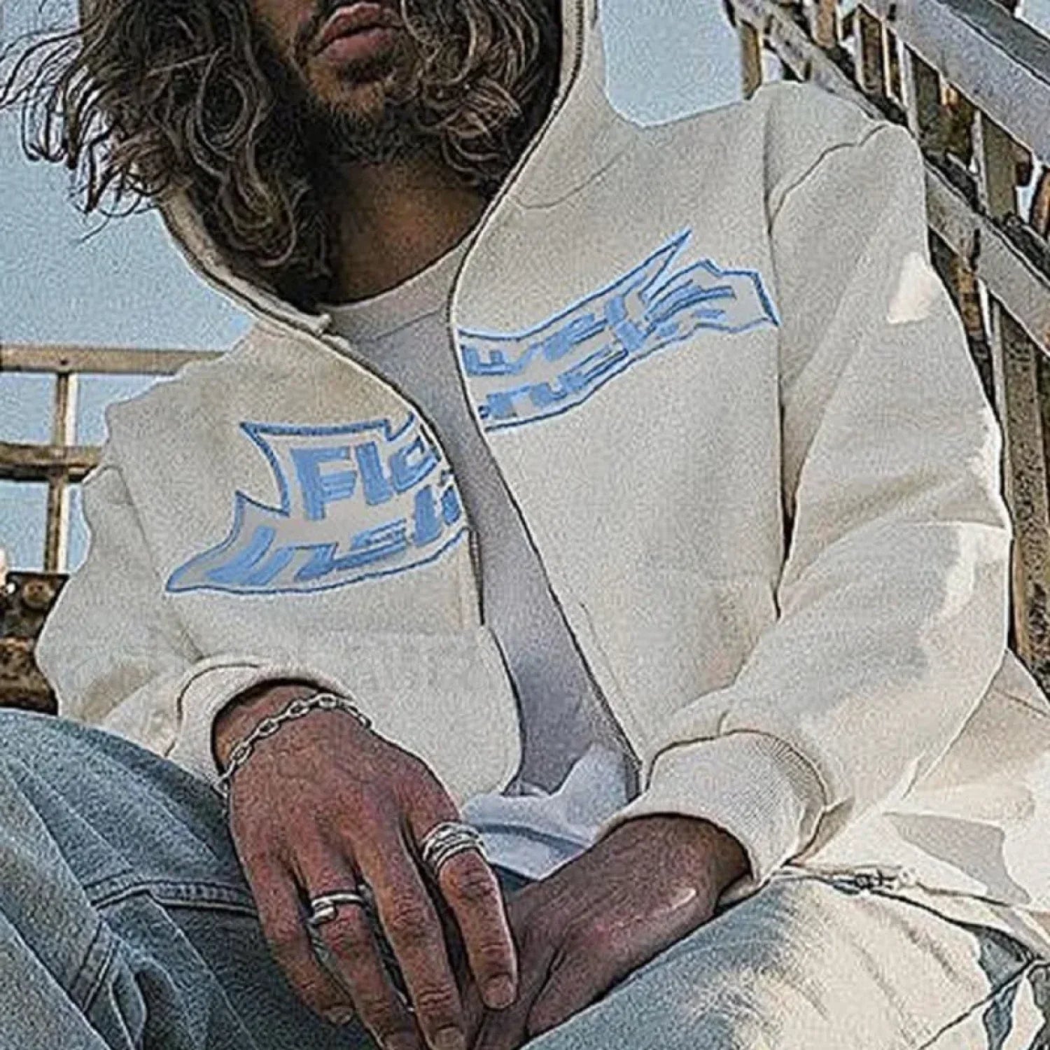 Neutral Casual Loose Oversized Flower Embroidery Zipper Hoody