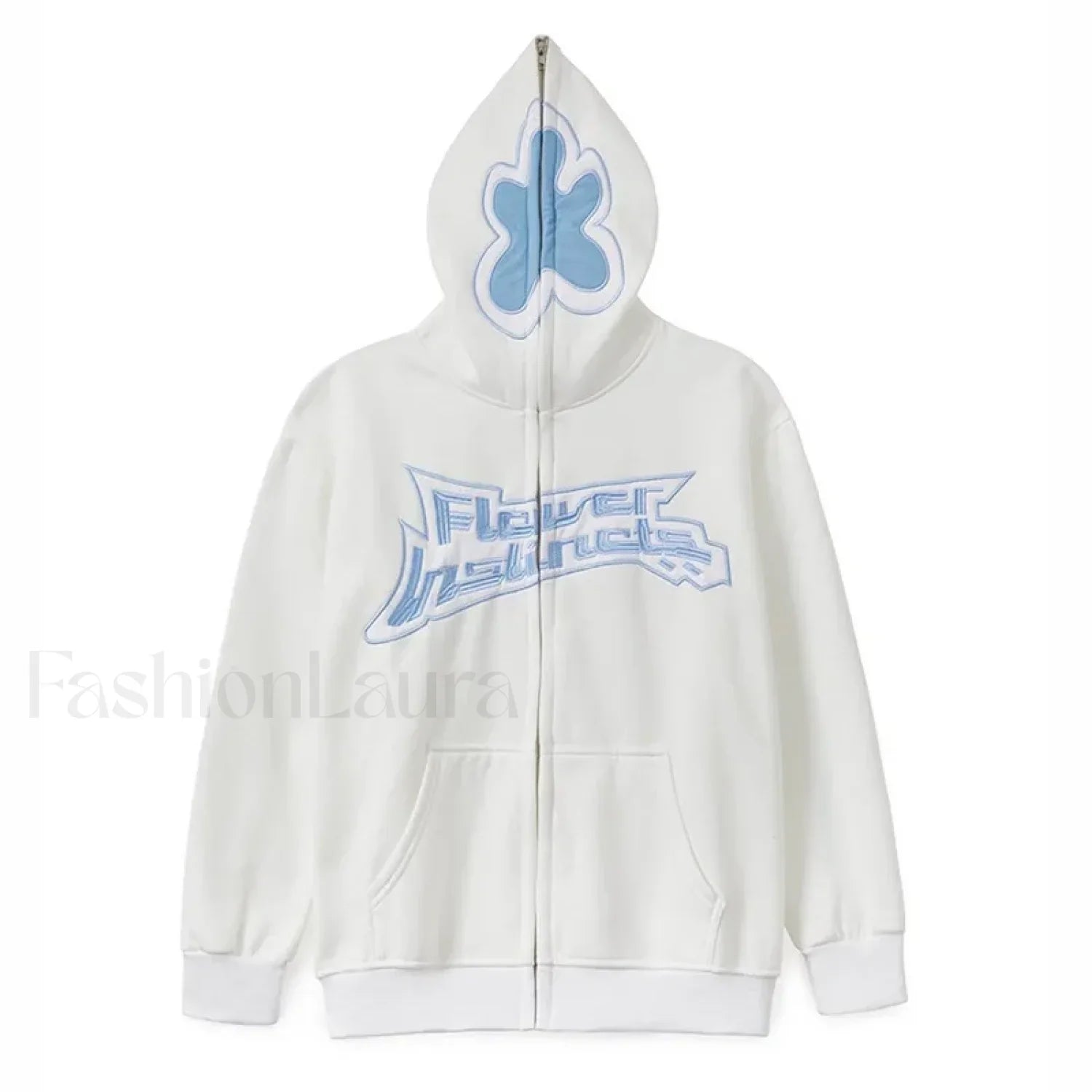 Neutral Casual Loose Oversized Flower Embroidery Zipper Hoody White / S Sweatshirts & Hoodies L