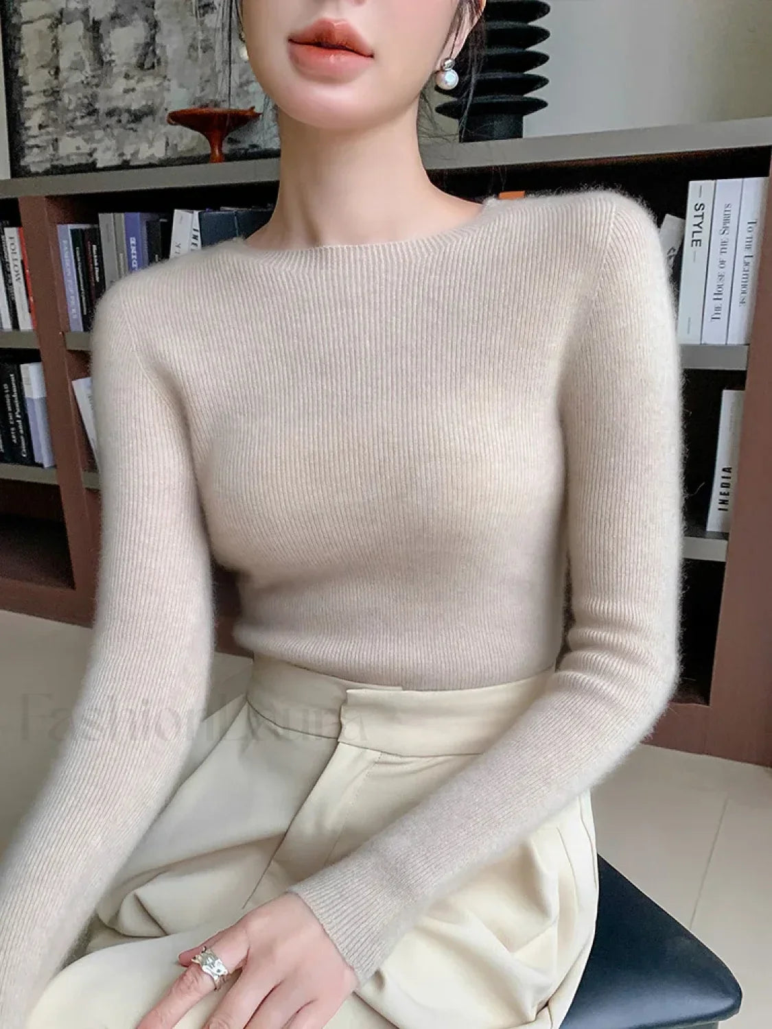 New Fashion Women's Slim O-neck Half-Sleeve Pullover Solid Color Merino Wool Sweater