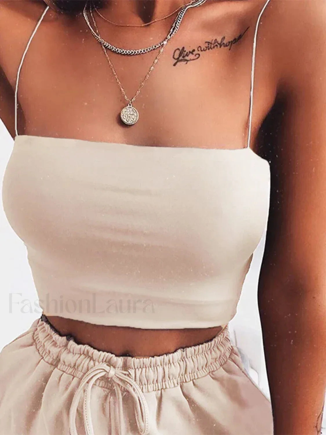 New Spaghetti Strap Bodycon Tube Crop Top Beige / S