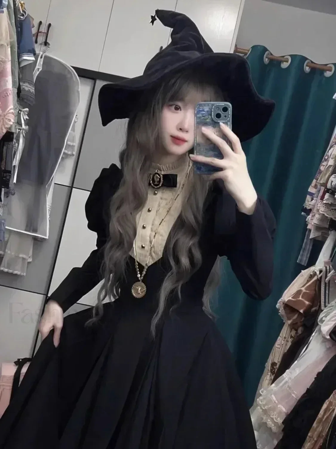 New Winter Black Lolita Dark Cinched Sleeve Waist Punk Gothic Harajuku Autumn Bubble Vintage Long Dress