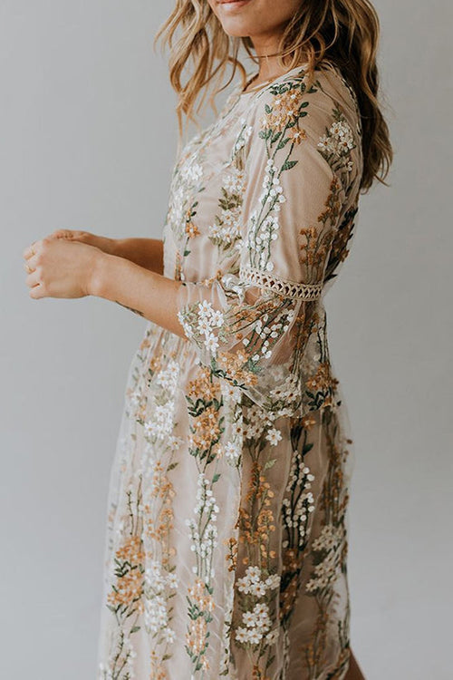 Flutter Sleeves Bloom Embroidered Dress