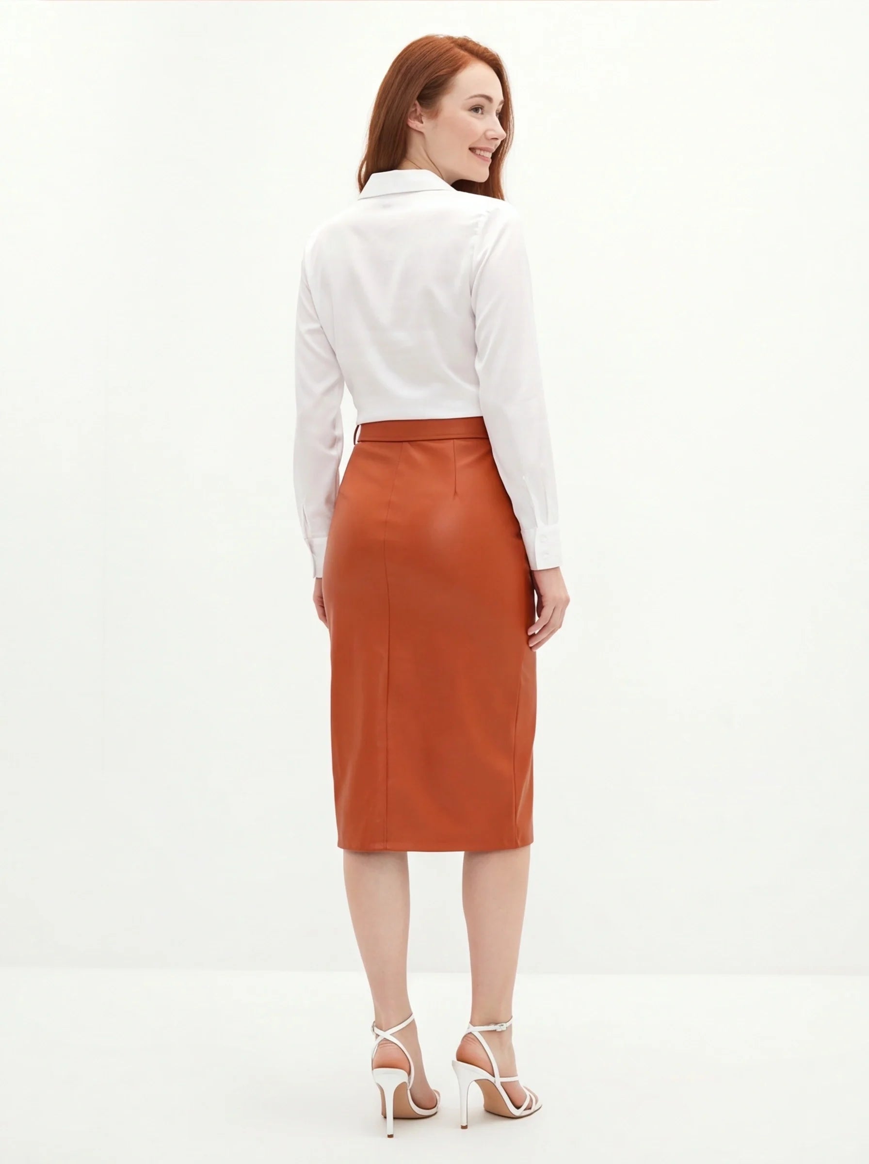Black Midi Skirt Sleek Pencil Silhouette High Waisted Everyday Work Texture PU Leather