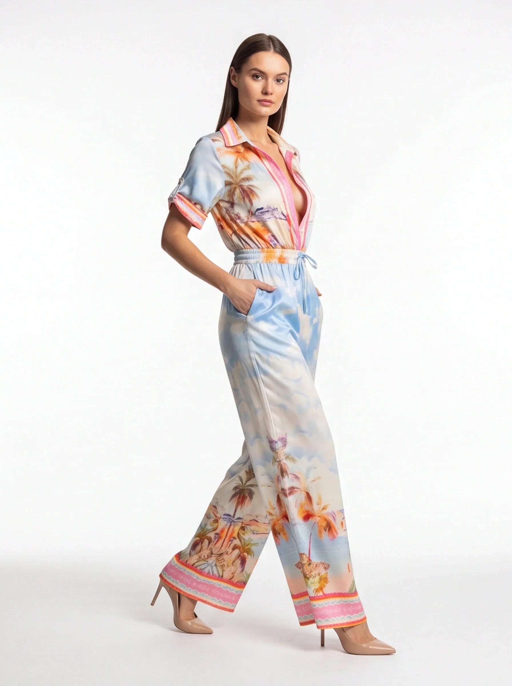 Elegant Tropical Print Jumpsuit with Flattering Fit and Pockets - Jamota