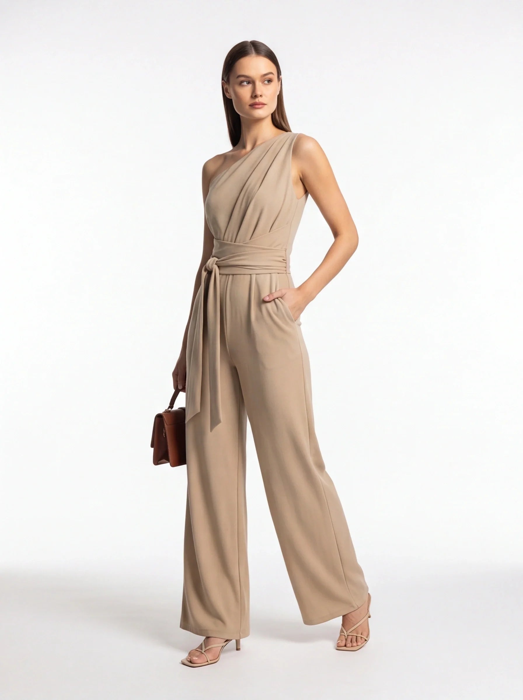 Elegant Asymmetric Wide-Leg Jumpsuit with Pockets & Adjustable Straps - Jamota