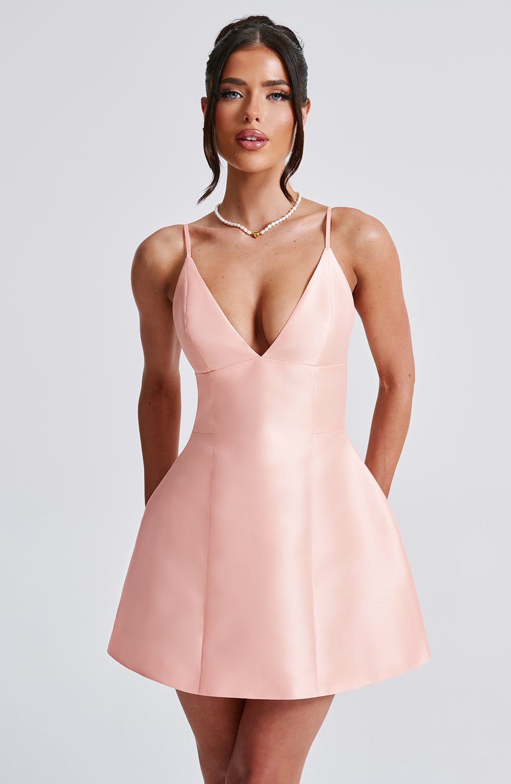 Satin Deep V-Neck Cami Strap Structured Flared Mini Dress 6