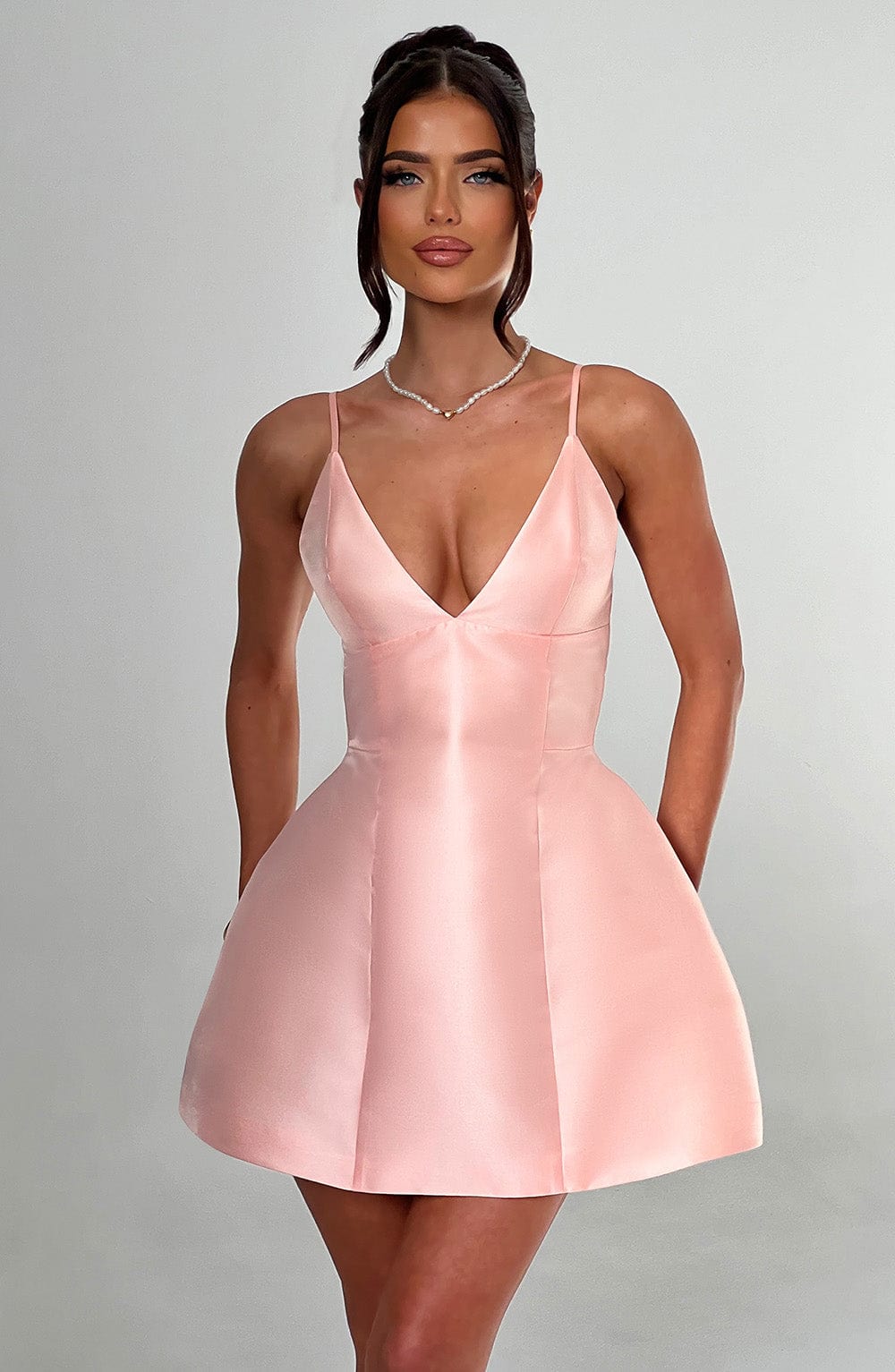 Satin Deep V-Neck Cami Strap Structured Flared Mini Dress 2