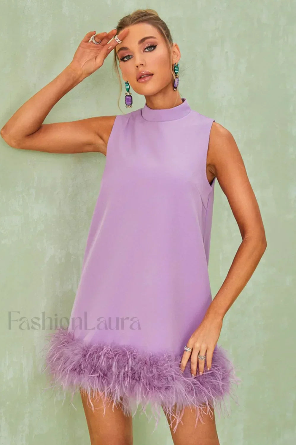 Nisha Feather Stylish Mini Dress S / Lilac