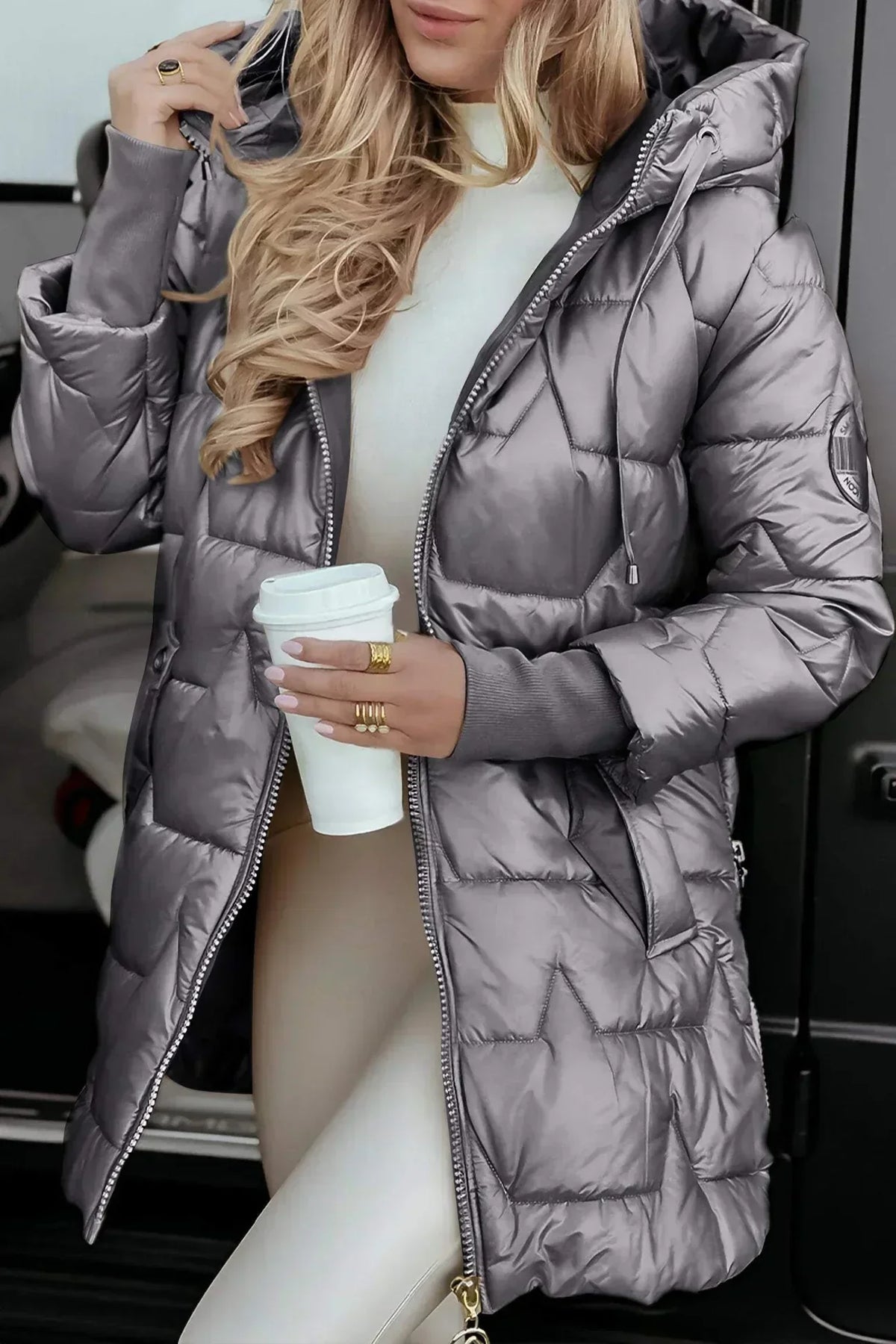 Hooded Zip Front Quilted Longline Puffer Coat