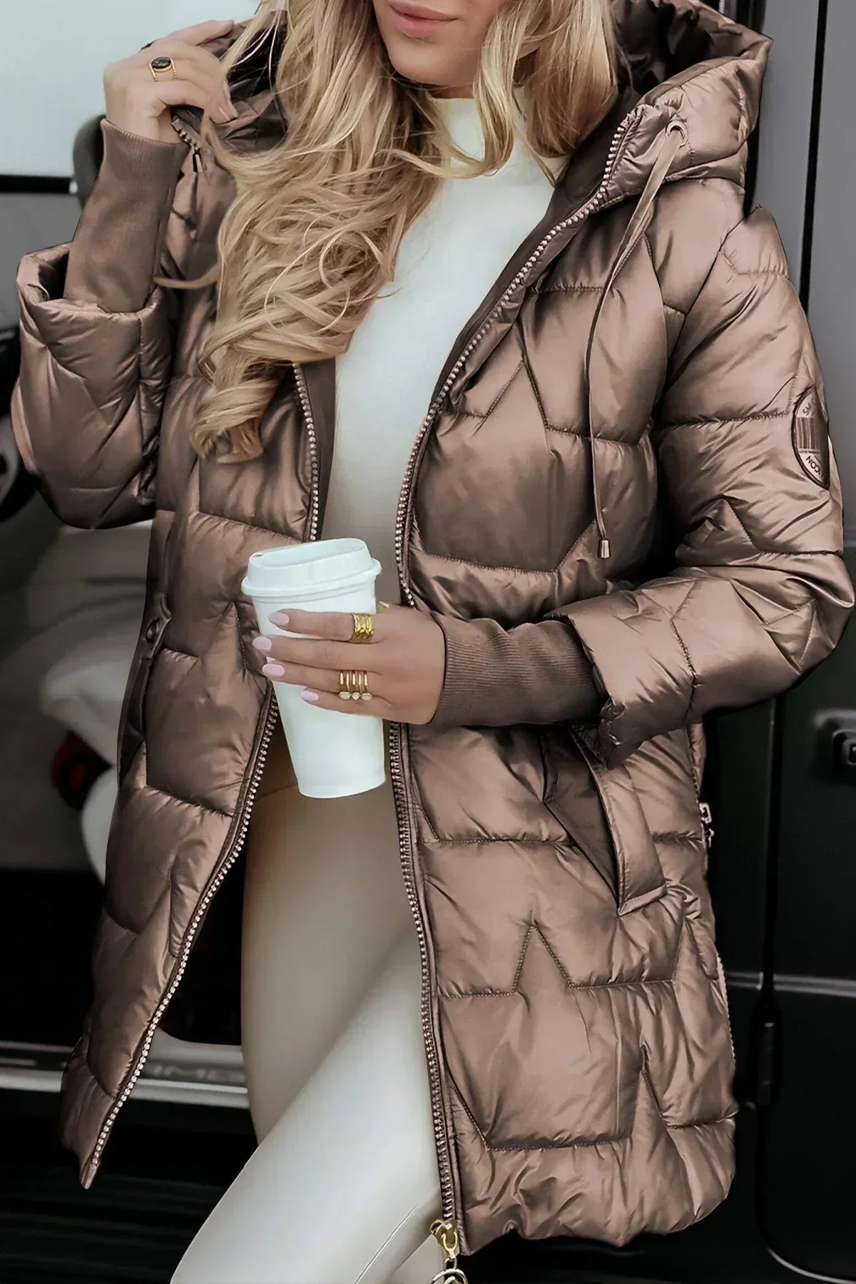 Hooded Zip Front Quilted Longline Puffer Coat