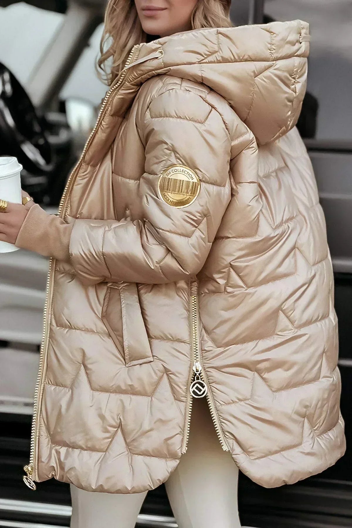Hooded Zip Front Quilted Longline Puffer Coat